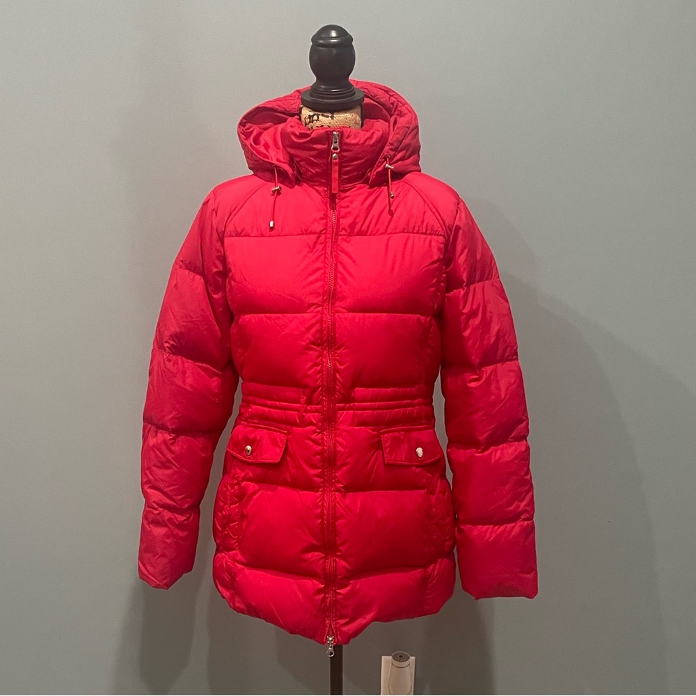 Ladies’ Lands’ End Jacket, Medium, red with detachable hood.